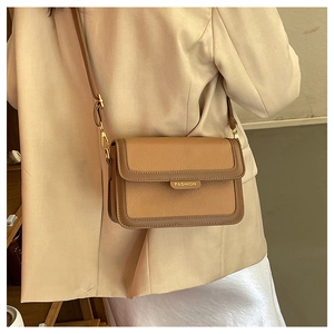 Détail du sac en cuir marron bicolore avec plaque métallique dorée et bandoulière fine