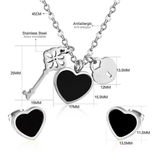 Detail of stainless steel heart jewelry set showing sizes of necklace and earrings