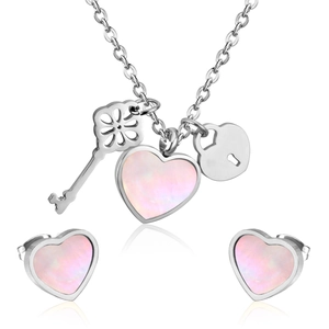Stainless Steel Heart Key Lock Charms Necklace And Earrings Jewelry Shell Enamel Fashion Elegant For Women