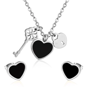 Polished stainless steel jewelry set with black heart pendant, key and lock charms