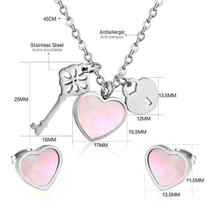 Stainless steel jewelry set featuring heart charms, key pendant and matching stud earrings