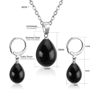 Detailed size chart for teardrop shell pearl necklace and earrings set in stainless steel