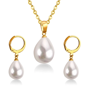 Elegant gold-tone stainless steel jewelry set featuring teardrop pearl necklace and earrings