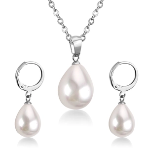 Macro view of water-drop shell pearl necklace and lever-back earrings in silver finish