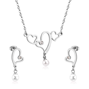 Minimalist stainless steel heart jewelry set with necklace and pearl drop earrings