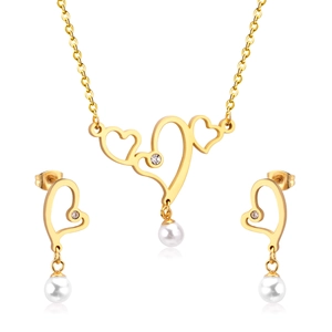 Heart Pendant Necklace And Earrings Stainless Steel Hollow Jewelry With Cubic Zirconia And Artificial Pearl For Women Elegant Fashion