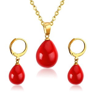 Elegant gold-tone stainless steel necklace and earring set with red teardrop shell beads