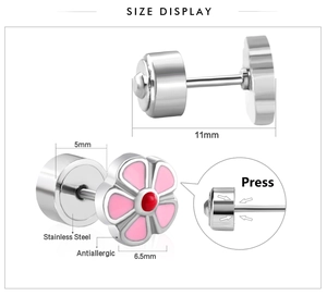Detail of flower stud earrings showing 11mm stainless steel post and antiallergic build