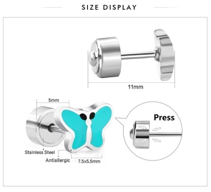 Size display of blue enamel butterfly stud earrings in hypoallergenic stainless steel
