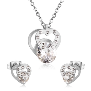 Elegant silver-tone double heart necklace and earrings jewelry set with sparkling crystals