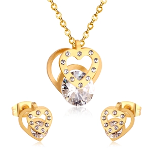 Stainless Steel Zircon Heart Necklace And Earrings Gold Plated Elegant Nested Hearts Fashion Jewelry For Women