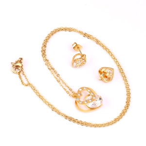 Luxury gold heart pendant necklace and stud earrings set with sparkling crystals
