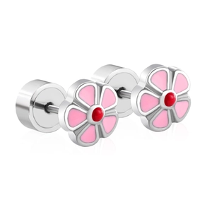 Minimalist stainless steel flower stud earrings with pink enamel petals and red center