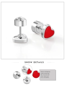 Detailed view of red heart stud earrings in stainless steel with precise dimensions