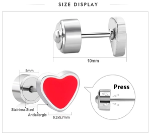 Detail of red heart stud earrings with stainless steel antiallergic press back closure