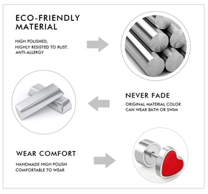 Polished red heart stud earrings in eco-friendly stainless steel with anti-allergy finish