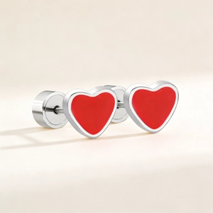 Red Heart Stud Earrings Stainless Steel Enamel Screw Back Anti Allergic Exquisite Korean Fashion For Women