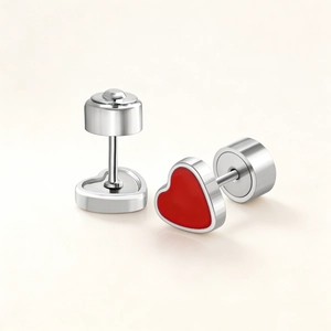 Minimalist red heart stud earrings with secure stainless steel screw backs for women