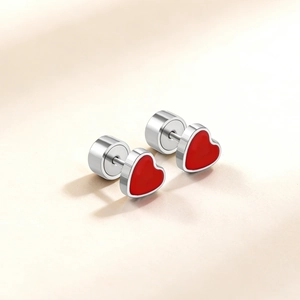 Polished stainless steel red heart earrings with comfortable flat disc screw backs