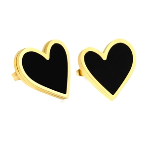 Boucles d'oreilles cœur élégantes en acier inoxydable doré avec insert noir sur blanc