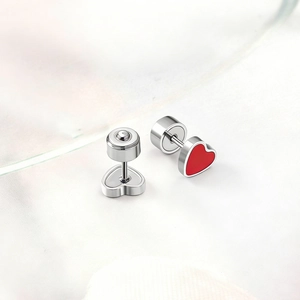 Fashionable red heart stainless steel stud earrings with secure screw-back design