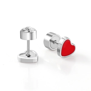 Fashionable red heart stainless steel stud earrings with secure screw back closure