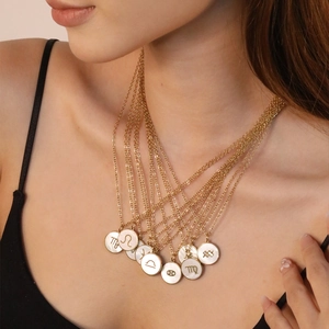 Collier Signe Astrologique Pendentif Rond Nacre Acier Inoxydable Plaqué Or Bijoux Fins Cadeau Femme