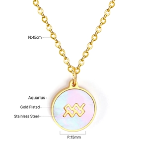 Pendentif Verseau doré avec diamètre de 15mm et une chaîne en acier inoxydable de 45cm