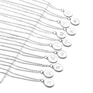 Lot de 12 colliers zodiaque en acier inoxydable argenté avec pendentifs ronds sur fond blanc