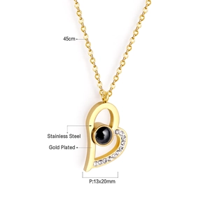 Detail showing gold plated heart pendant with 13x20mm dimensions and 45cm steel chain