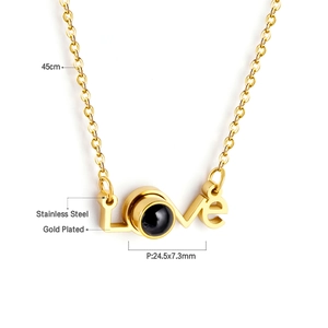 Detailed view of Gold Plated Stainless Steel LOVE necklace with 45cm chain and pendant dimensions