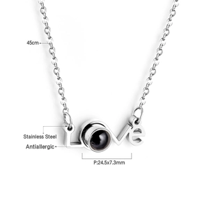 Detailed specs of stainless steel LOVE pendant necklace with 45cm chain and 24.5mm pendant