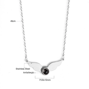 Detailed specs of stainless steel wing necklace with projection stone and 45cm chain length