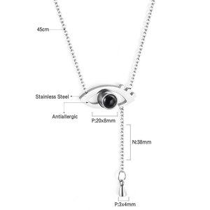 Macro view of Devil's Eye necklace with detailed dimensions and 45cm chain length