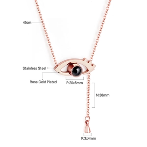 Detailed specs of rose gold plated stainless steel devil's eye necklace with 45cm chain