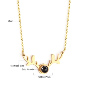 Detail showing gold plated stainless steel deer antler necklace with 45cm chain specs