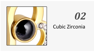Macro detail of gold heart pendant featuring cubic zirconia and black projection stone