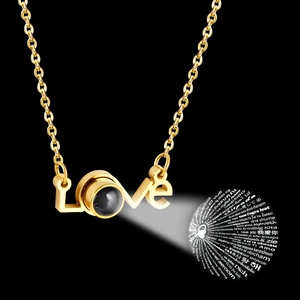 Detail of heart projection necklace showing I Love You in multiple languages