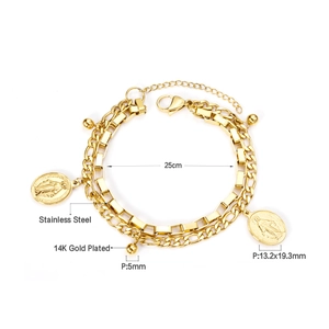 Dimensioni dettagliate del bracciale a doppio strato placcato oro 14K con ciondoli