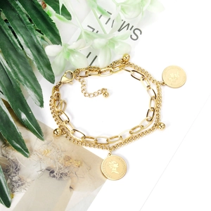 Bracciale Doppio Strato Acciaio Inossidabile Placcato Oro 14K Pendente Moneta Ritratto Retro Moda Stile Vintage Gioielli