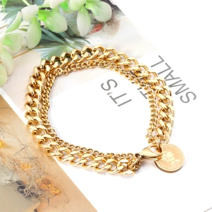 Bracciale a doppio strato in acciaio inossidabile placcato oro 14K con ciondolo a moneta