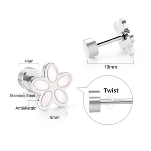 Dettaglio orecchini a margherita 8mm in acciaio inossidabile con chiusura a vite e dimensioni