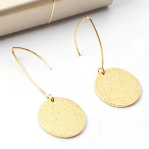 Gold Plated Stainless Steel Round Pendant Drop Earrings Minimalist Geometric V Hook Jewelry For Women