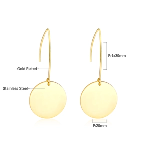 Minimalist gold-plated stainless steel drop earrings with circular pendants on fish hooks