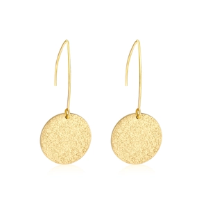 Minimalist gold hoop earrings with V-shaped hooks and frosted round pendant drops