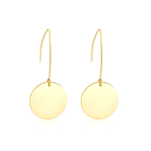Elegant gold-plated V-hook round pendant earrings with polished finish on white background
