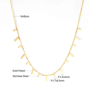 Gold plated stainless steel necklace with rectangular bar pendants and dimension details