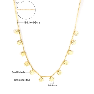 Detail of gold plated stainless steel necklace featuring 4.6mm floral flower pendants