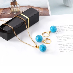 Parure de bijoux de luxe en acier inoxydable avec pendentifs ronds motif turquoise