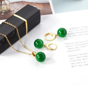Parure de bijoux en acier inoxydable doré avec pierres œil de chat vertes rondes